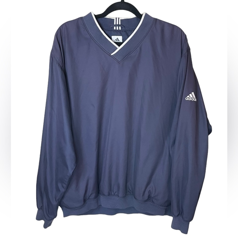 Adidas Vintage Navy Blue White Detail Pullover Windbreaker Pockets Size Large